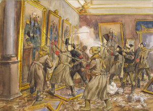 The storming of the Winter Palace in St. Petersburg led to real self-determination for many oppressed nationalities in Russia. Art by Ivan Vladimirov, "The Pogrom of the Winter Palace" (c. 1917)