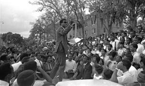 Stokely Carmichael, national head of the SNCC speaks about the meaning of "Black Power" on the campus of Florida A&M University, April 16, 1967, in Tallahassee, Florida. 